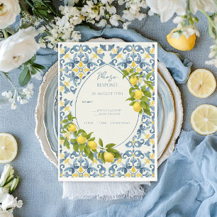 Tarjeta De Confirmación De Asistencia Elegante Boda italiano de limón azul en mosaico