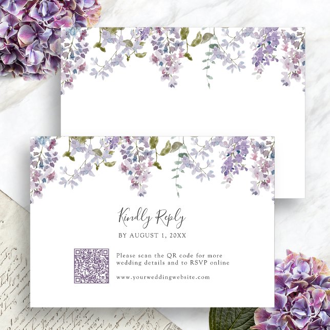 Tarjeta De Confirmación De Asistencia Elegante Boda Lilac (Elegant Lilac Floral Wedding RSVP Card with QR Code by Painted Paperie
)
