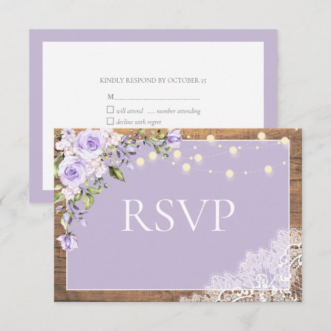 Tarjeta De Confirmación De Asistencia Elegante Boda Lilac Lavender Rustic Wood Lace (Anverso / Reverso)