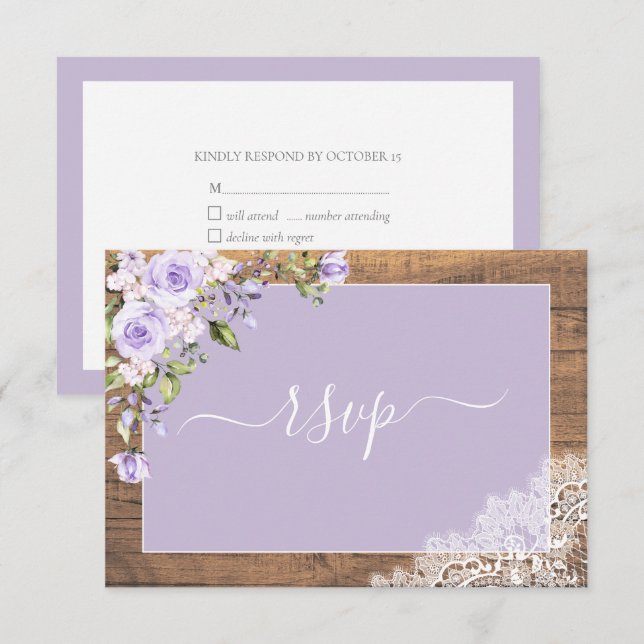 Tarjeta De Confirmación De Asistencia Elegante Boda Lilac Lavender Rustic Wood Lace (Anverso / Reverso)