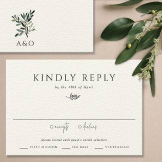 Tarjeta De Confirmación De Asistencia Elegante Boda Minimalista de rama de árbol de oliv