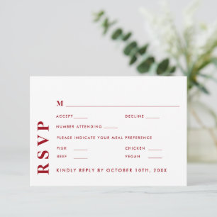 Tarjeta De Confirmación De Asistencia Elegante Boda minimalista moderno blanco y rojo