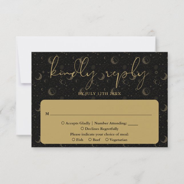 Tarjeta De Confirmación De Asistencia Elegante Boda Mística Celestial Script (Anverso)