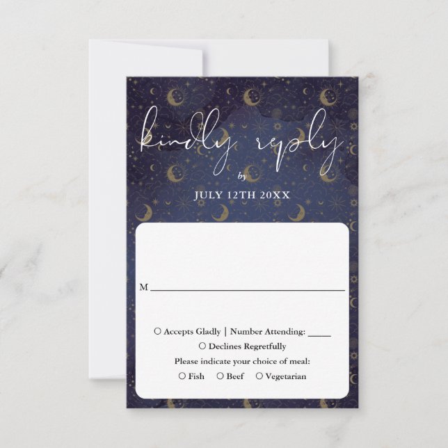 Tarjeta De Confirmación De Asistencia Elegante Boda Mística Celestial Script (Anverso)