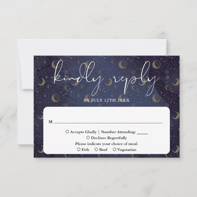 Tarjeta De Confirmación De Asistencia Elegante Boda Mística Celestial Script (Anverso)