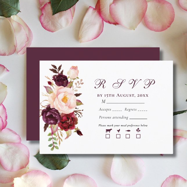 Tarjeta De Confirmación De Asistencia Elegante Boda moderno Rubor & Burgundy Bouquet (Subido por el creador)