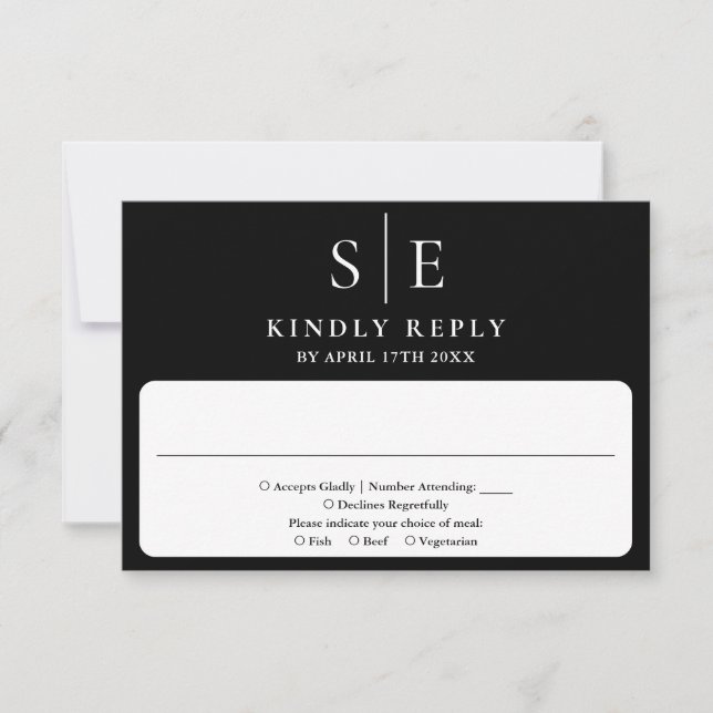 Tarjeta De Confirmación De Asistencia Elegante Boda Monograma Blanco Y Negro (Anverso)