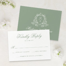 Tarjeta De Confirmación De Asistencia Elegante Boda Monograma de Escudo floral verde sab