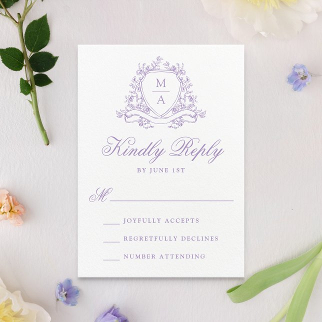 Tarjeta De Confirmación De Asistencia Elegante Boda Monograma Escudo Floral Lavanda (Subido por el creador)