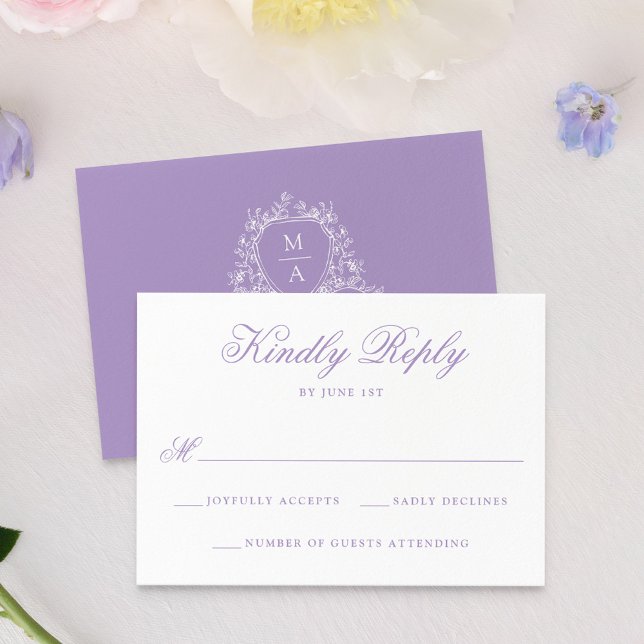 Tarjeta De Confirmación De Asistencia Elegante Boda Monograma Escudo Floral Lavanda (Subido por el creador)