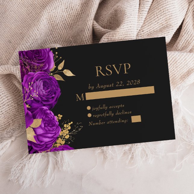 Tarjeta De Confirmación De Asistencia Elegante Boda morado floral dorado oscuro (Subido por el creador)