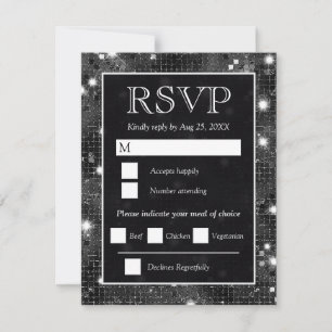 Tarjeta De Confirmación De Asistencia Elegante Boda Mosaico Plateado Glitter Negro