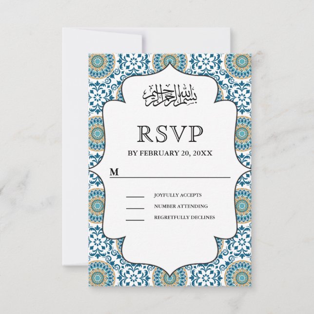 Tarjeta De Confirmación De Asistencia Elegante Boda musulmán musulmán azul persa (Anverso)