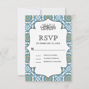 Tarjeta De Confirmación De Asistencia Elegante Boda musulmán musulmán azul persa