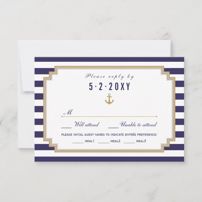 Tarjeta De Confirmación De Asistencia Elegante Boda Náutica Elección de Comida de Tarjet (Anverso)