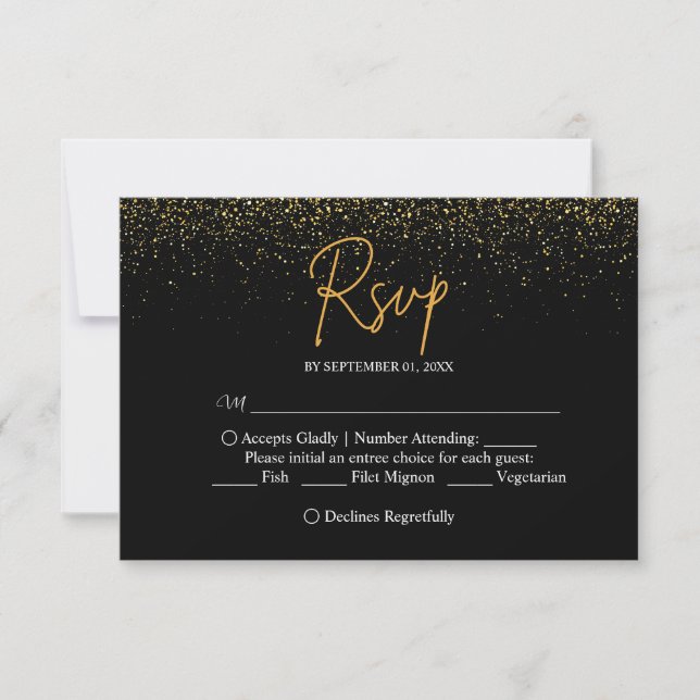 Tarjeta De Confirmación De Asistencia Elegante Boda negro y oro (Anverso)