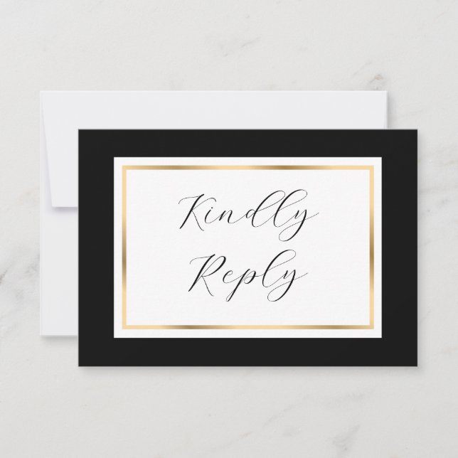 Tarjeta De Confirmación De Asistencia Elegante Boda negro y oro (Anverso)
