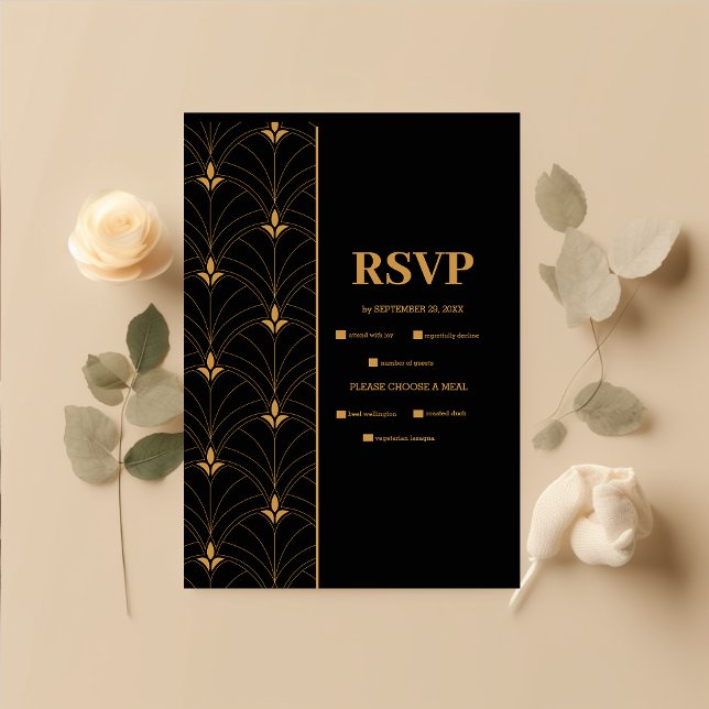 Tarjeta De Confirmación De Asistencia Elegante Boda negro y oro Art Deco (Subido por el creador)