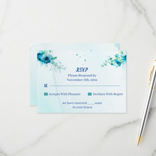 Tarjeta De Confirmación De Asistencia Elegante Boda personalizado de flor azul (Anverso/Reverso In Situ)