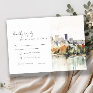 Tarjeta De Confirmación De Asistencia Elegante Boda Portland Oregon Skyline Watercolor