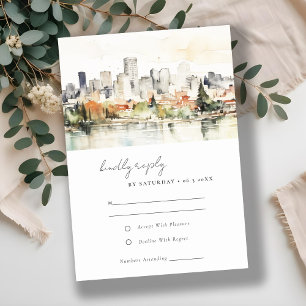 Tarjeta De Confirmación De Asistencia Elegante Boda Portland Oregon Skyline Watercolor