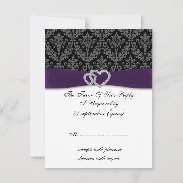 Tarjeta De Confirmación De Asistencia Elegante Boda Purple Damask Diamante (Anverso)