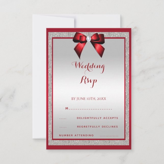 Tarjeta De Confirmación De Asistencia Elegante Boda Purpurina rojo y plateado (Anverso)
