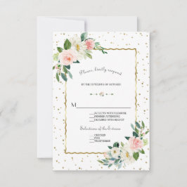 Tarjeta De Confirmación De Asistencia Elegante Boda Purpurina Rubor Cream Flowers Gold