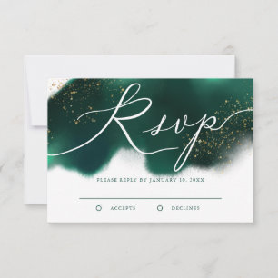 Tarjeta De Confirmación De Asistencia Elegante Boda Purpurina Verde y Oro