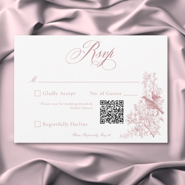 Tarjeta De Confirmación De Asistencia Elegante Boda QR de Chinoiserie rosa Naturaleza y  (Elegant Pink Chinoiserie Nature & Birds Wedding QR RSVP Card)