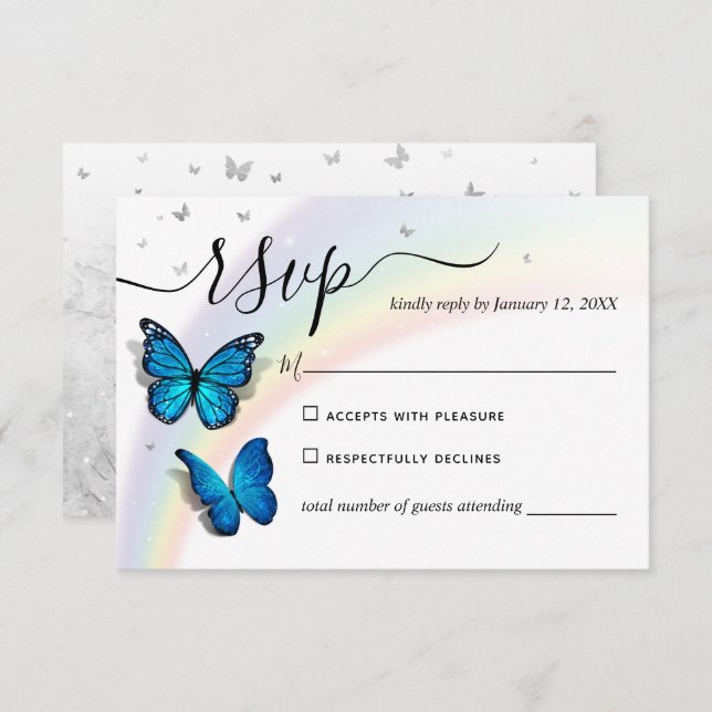 Tarjeta De Confirmación De Asistencia Elegante Boda Rainbow Silver y Blue Butterfly (Anverso / Reverso)