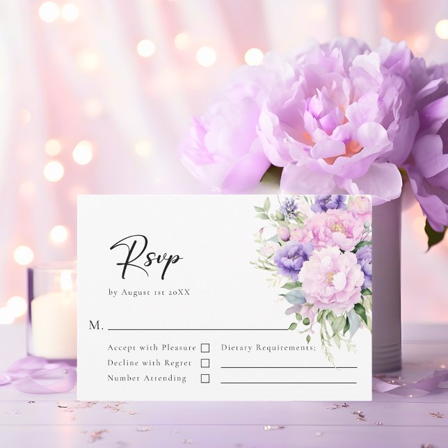 Tarjeta De Confirmación De Asistencia Elegante Boda rosado Peony Lavender de flores (Elegant Flower Peony Lavender Pink Wedding RSVP Card)