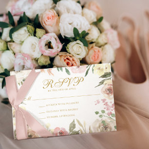 Tarjeta De Confirmación De Asistencia Elegante Boda Rubor de guion dorado rosado floral