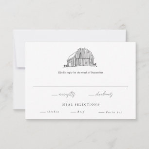 Tarjeta De Confirmación De Asistencia Elegante boda rústica en granero negro y blanco