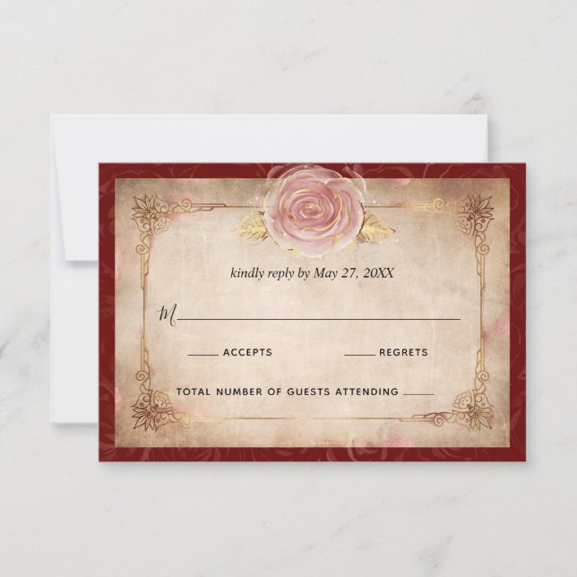 Tarjeta De Confirmación De Asistencia Elegante Boda Rústico de Oro Rosa Borgoña (Anverso)