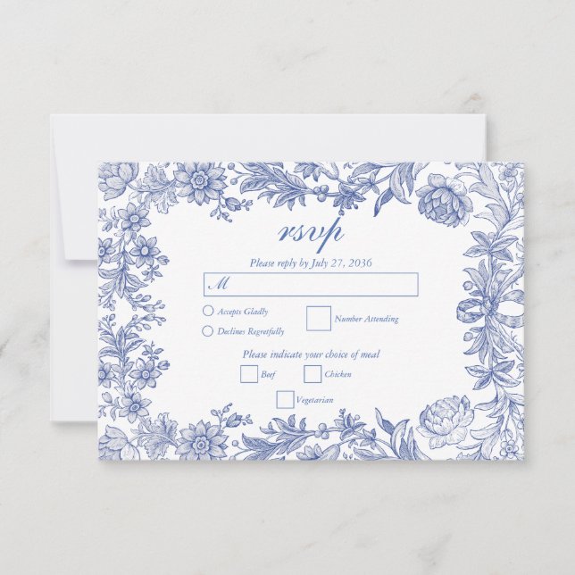 Tarjeta De Confirmación De Asistencia Elegante Boda Rústico Rústico Francés Floral Azul (Anverso)
