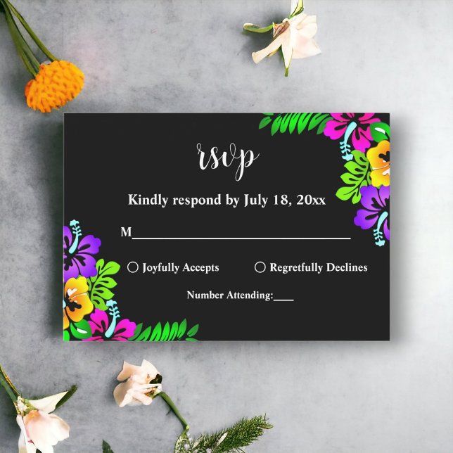 Tarjeta De Confirmación De Asistencia Elegante Boda Rústico Tropical Boho Black Floral (Subido por el creador)
