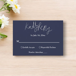 Tarjeta De Confirmación De Asistencia Elegante Boda simple de caligrafía blanca azul de 
