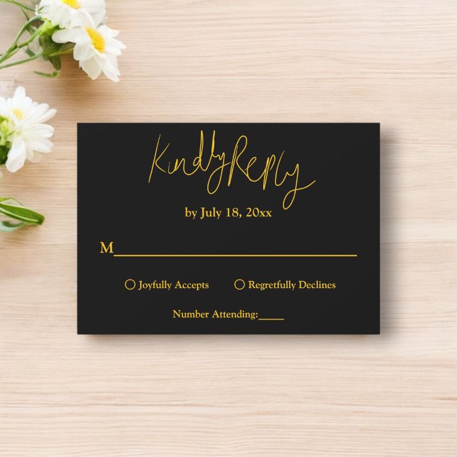 Tarjeta De Confirmación De Asistencia Elegante Boda Simple De Caligrafía Negra Y Oro (Subido por el creador)