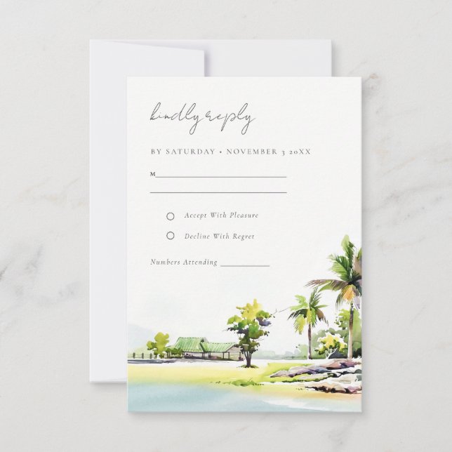 Tarjeta De Confirmación De Asistencia Elegante Boda Tropical Beach Palm Tree (Anverso)