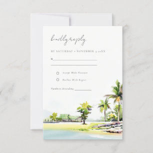 Tarjeta De Confirmación De Asistencia Elegante Boda Tropical Beach Palm Tree