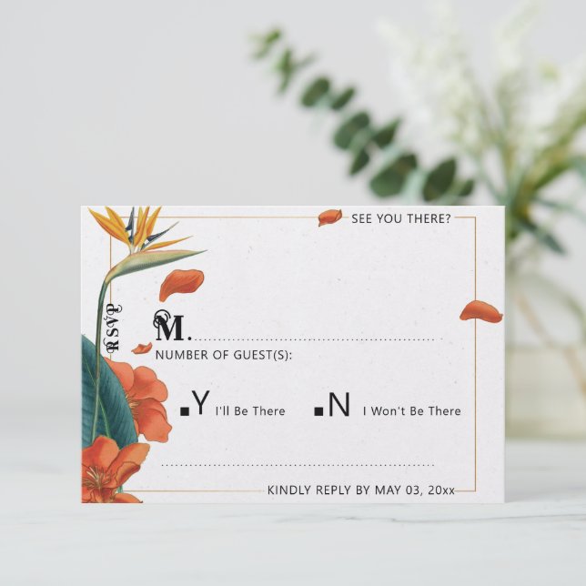 Tarjeta De Confirmación De Asistencia Elegante Boda tropical floral (Anverso de pie)