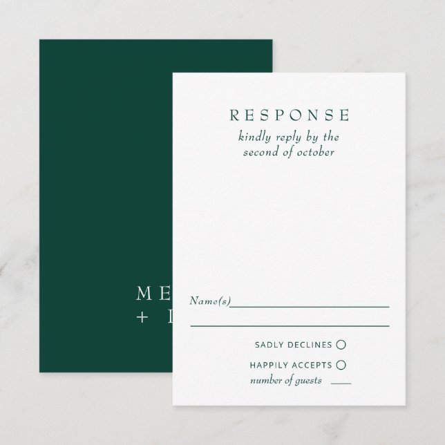 Tarjeta De Confirmación De Asistencia Elegante Boda verde esmeralda moderno simple (Anverso / Reverso)
