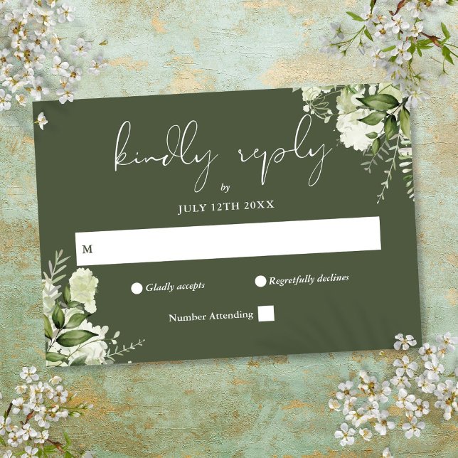 Tarjeta De Confirmación De Asistencia Elegante Boda verde oliva floral (Elegant Greenery Floral Olive Green Wedding RSVP Card)
