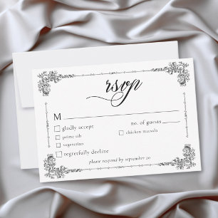 Tarjeta De Confirmación De Asistencia Elegante Boda Vintage Barroco Blanco y Negro