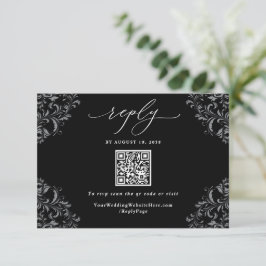 Tarjeta De Confirmación De Asistencia Elegante Boda Vintage de código QR en blanco y neg