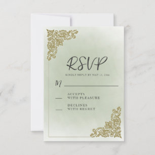 Tarjeta De Confirmación De Asistencia Elegante Boda Vintage Verde Salvia Dorado