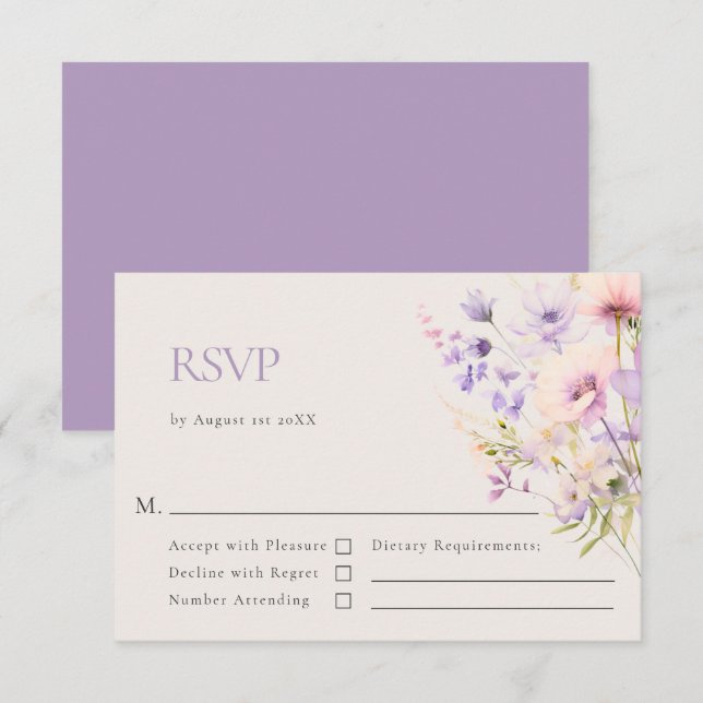 Tarjeta De Confirmación De Asistencia Elegante Boda violeta de Lavender de flores silves (Anverso / Reverso)