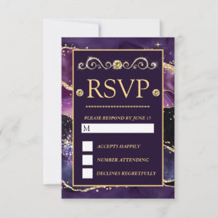 Tarjeta De Confirmación De Asistencia Elegante Bodas de Purpura y Oro Glitter Mármol Ága