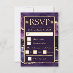 Tarjeta De Confirmación De Asistencia Elegante Bodas de Purpura y Oro Glitter Mármol Ága